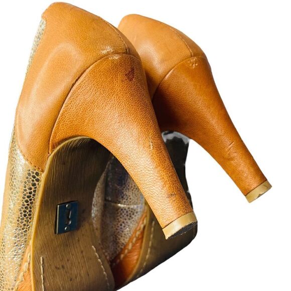 ANTHROPOLOGIE SCHULER and Sons Philadelphia Leather Metallic Gold Pumps High Hee - Picture 4 of 10
